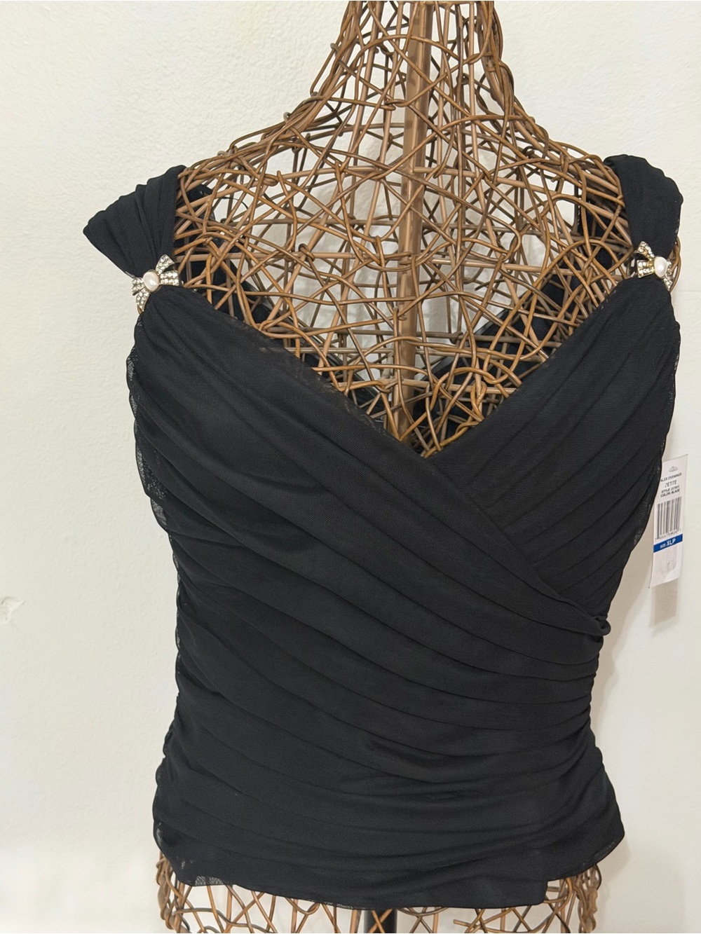 Black Ruched V-Neck Evening top with Embellished Straps